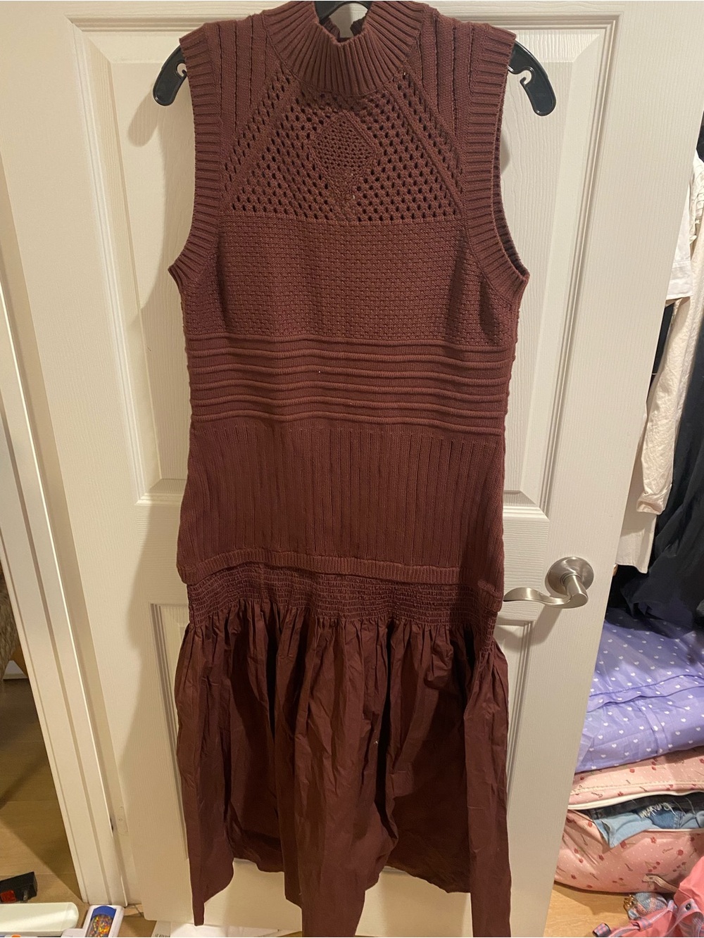 Anthropologie Sleeveless Knit-to-Woven Midi Dress in Deep Brown